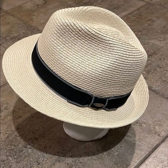 Scala Cream and Black Paper Straw Fedora Hat Mens Size Small/Medium - Picture 3 of 11